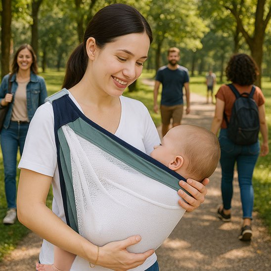 Maman tient bébé dans écharpe de portage gris blanc confort