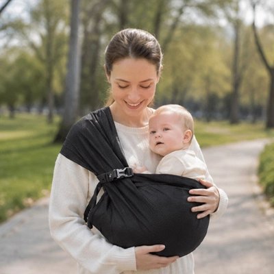 Maman tient bébé dans echarpe de portage noir