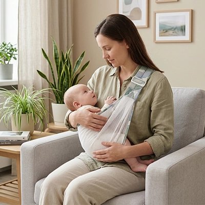 Maman tient bébé dans écharpe de portage vert filet