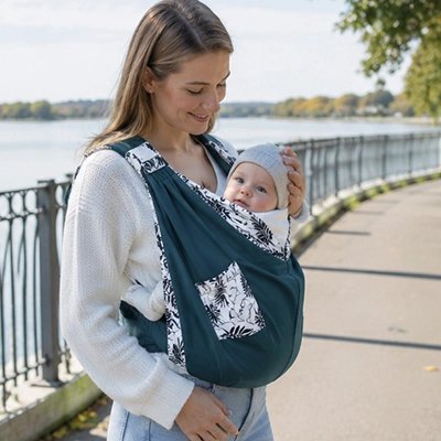 Maman tient bébé dans  écharpe de portage vert foncé