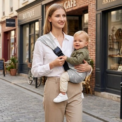 Maman tient bébé dans porte bebe model tendance gris