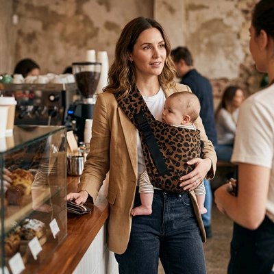 Maman tient bébé dans porte bebe motif léopard
