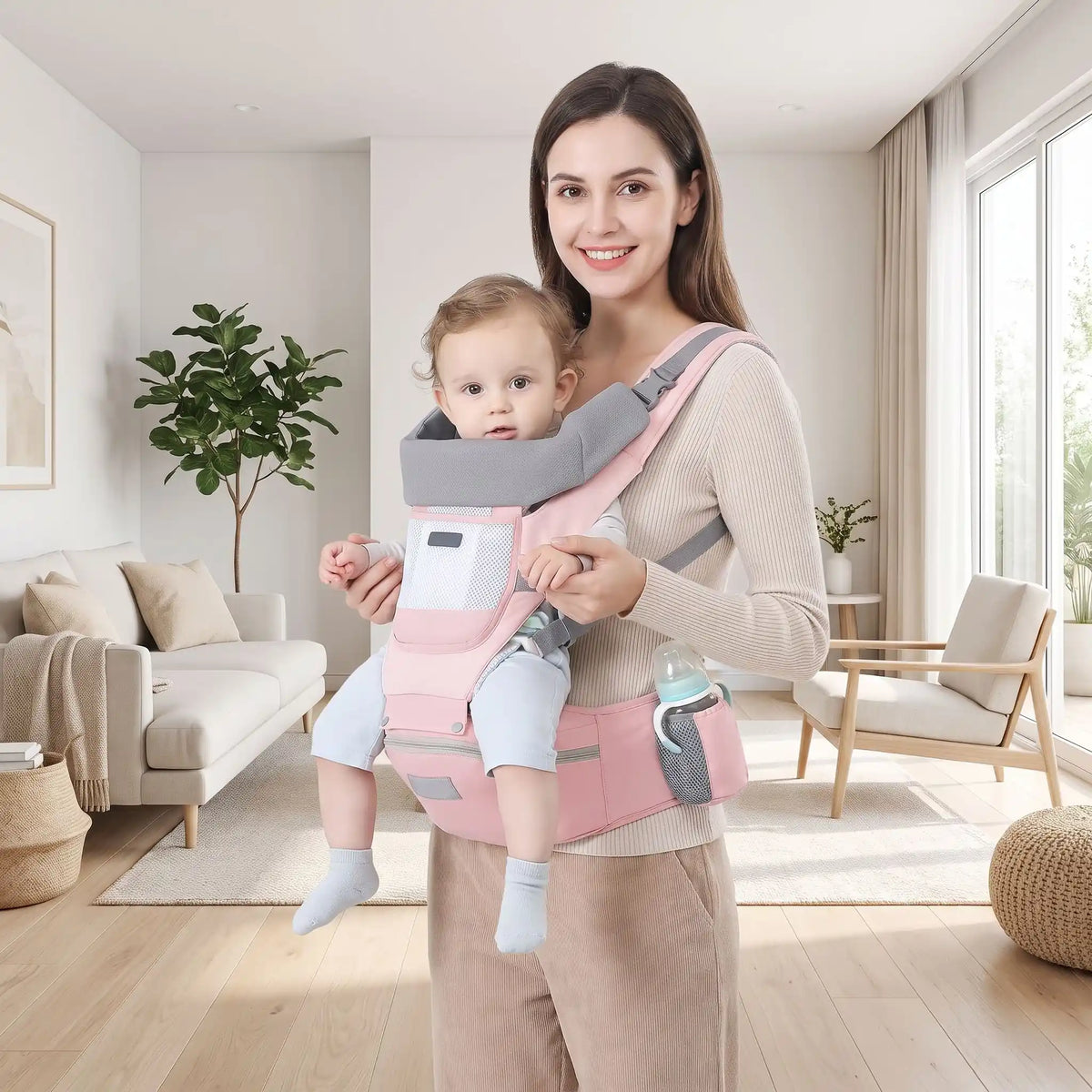 Maman tient bébé dans porte bebe rose
