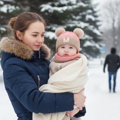 Maman tient bébé portant bonnet bebe beige rose à extérieur