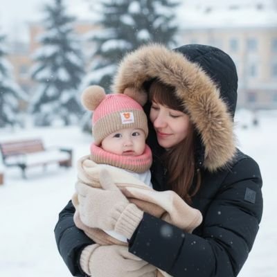 Maman tient bébé portant bonnet bebe beige rose dans neige 