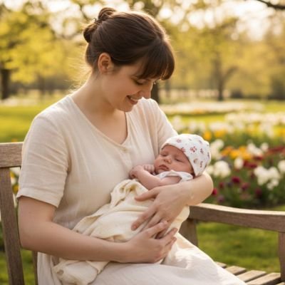  Maman tient bébé portant bonnet bebe fille rose à l'extérieur