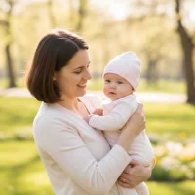  Maman tient bébé portant bonnet bebe fille rose au parc