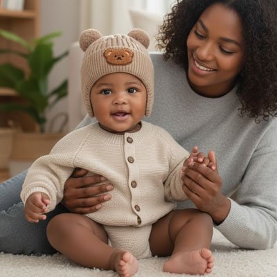 Maman tient bébé portant bonnet bebe marron tricot