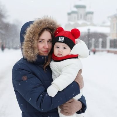 Maman tient bébé portant bonnet bebe rouge noir dans neige