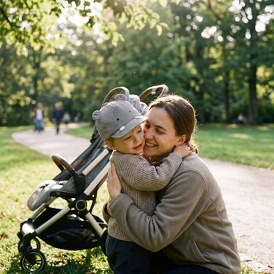 Maman tient bébé portant casquette bebe gris éléphant 