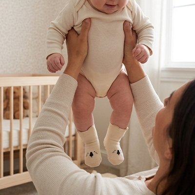 Maman tient bébé chaussette pour bebe beige