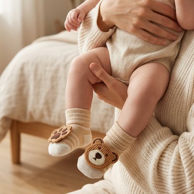 Maman tient bébé portant chaussettes brun ours