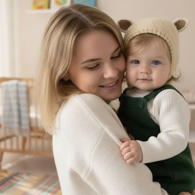 Maman tient bébé portant son bonnet bebe tricoté beige