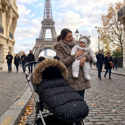 Maman tient bébé près de chancelière poussette à paris