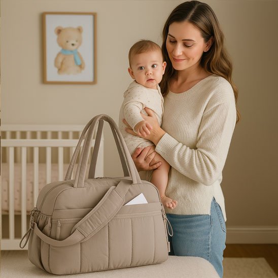 Maman tient bébé près de sac à langer brun