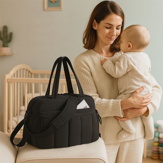 Maman tient bébé près de sac à langer noir