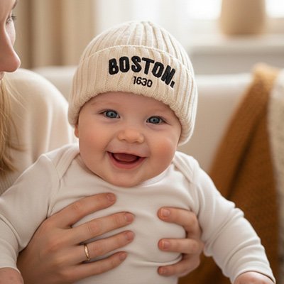 Maman tient bébé souriant avec son bonnet bebe beige boston