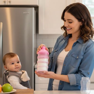 Maman tient boite doseuse lait en cuisine