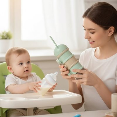 Maman tient boite doseuse lait verte nomade près bébé