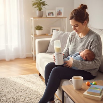 Maman tient chauffe biberon  blanc avec bebe dans ses bras