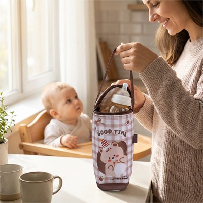 Maman tient porte biberon ours brun isotherme