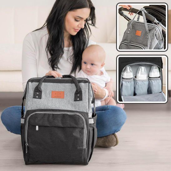Maman tient sac à langer gris noir jean