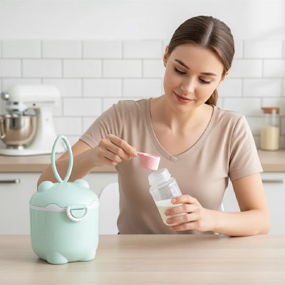 Maman utilise biberon avec boite doseuse lait verte