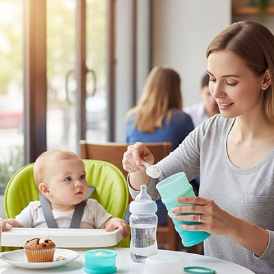 Maman utilise boite doseuse lait au restaurant