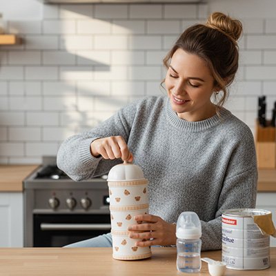 Maman utilise boite doseuse lait pratique