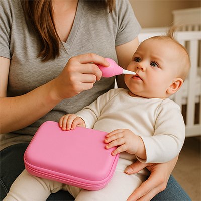 Maman utilise mouche bebe rose de trousse de toilette bebe
