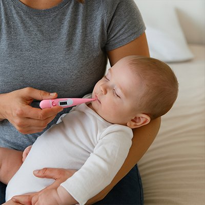 Maman utilise thermomètre rose de trousse de toilette bebe