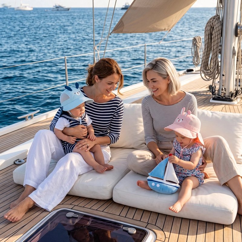 Mamans sur bateau avec bébés portant chapeau bebe bleu rose
