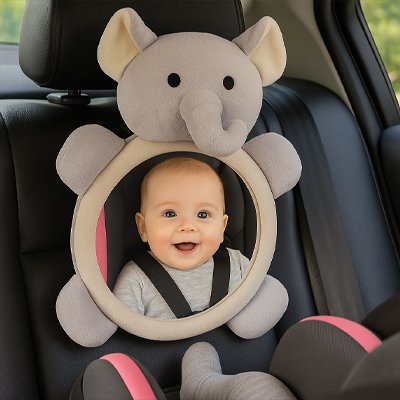 Miroir voiture bébé éléphant gris  placé dans voiture