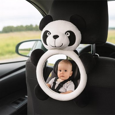 Miroir voiture bébé panda  placé dans voiture