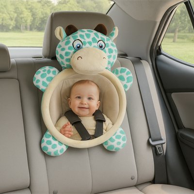 Miroir voiture bébé tortue verte  installé dans voiture