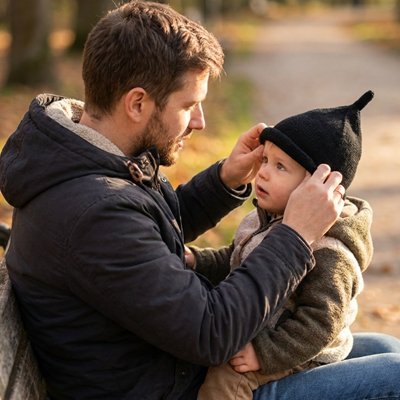 Moment complice entre papa et bébé portant bonnet bebe noir 