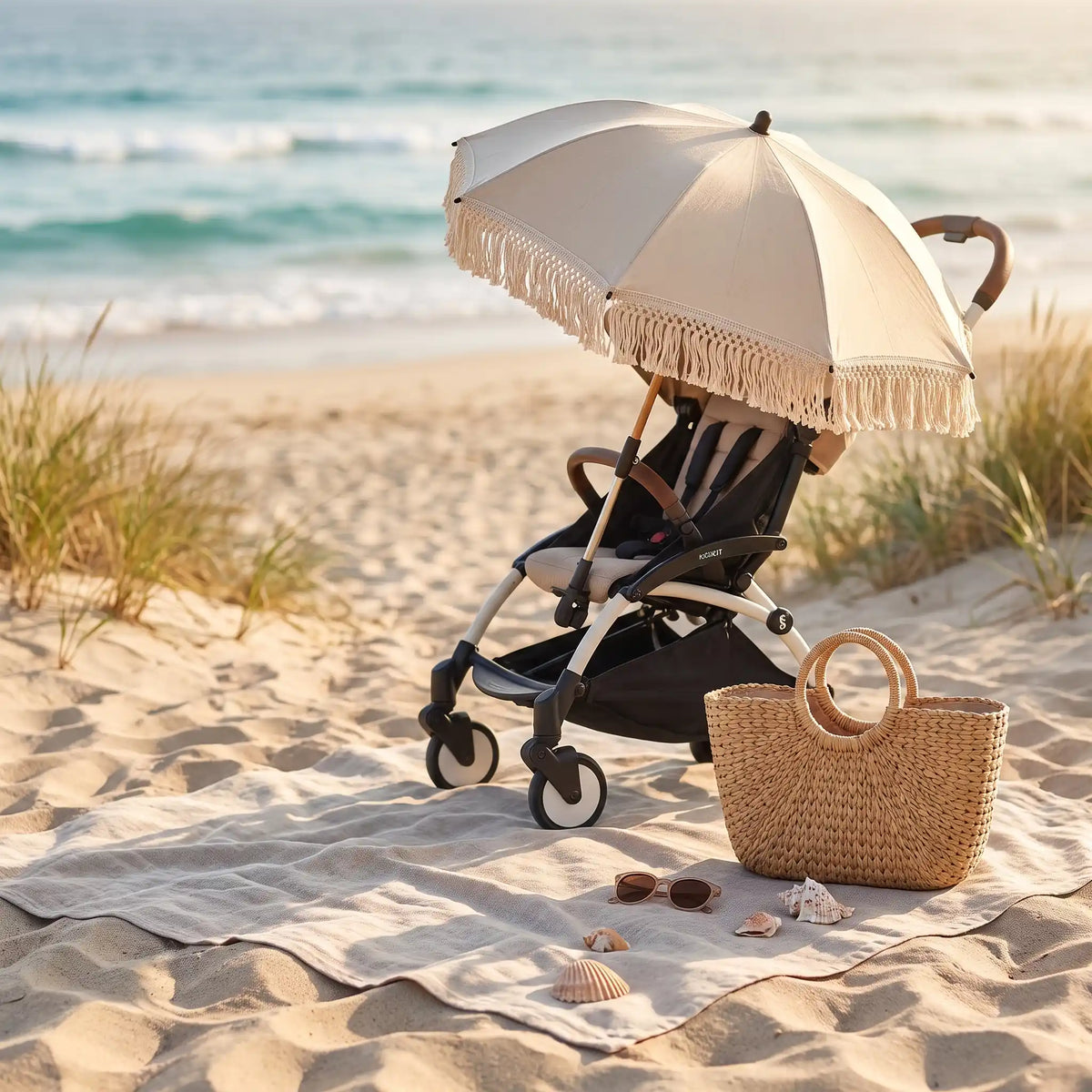Ombrelle beige sur décor pique nique plage