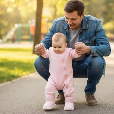 Papa aide bébé portant chaussure bebe bottines douillettes rose