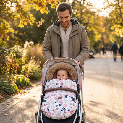 Papa au parc avec bébé dans chancelière poussette fleural