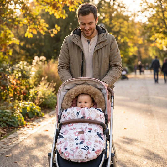 Papa au parc avec bébé dans chancelière poussette fleural