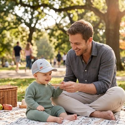 Papa au parc avec bébé portant casquette bebe gris dauphin