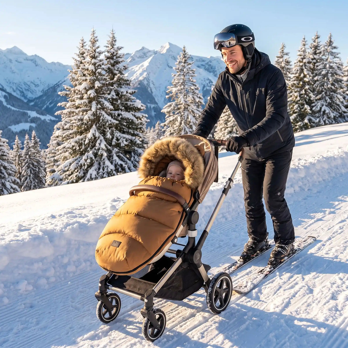 Papa au sky avec bébé dans chancelière poussette brun