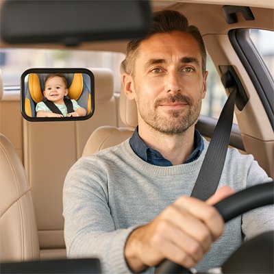 Papa au volant observe bébé dans miroir voiture bébé