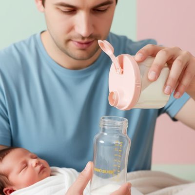 papa avec bébé dans bras utilise boîte doseuse lait rose