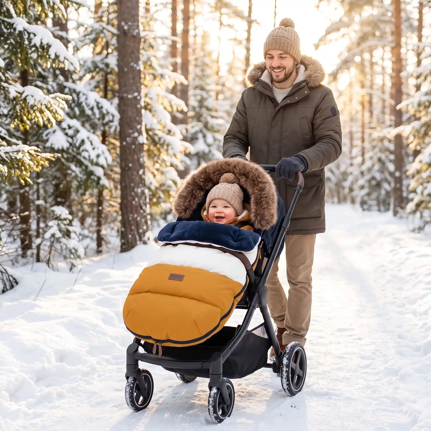 Papa avec bébé dans chancelière poussette bleu marine blanc marron 