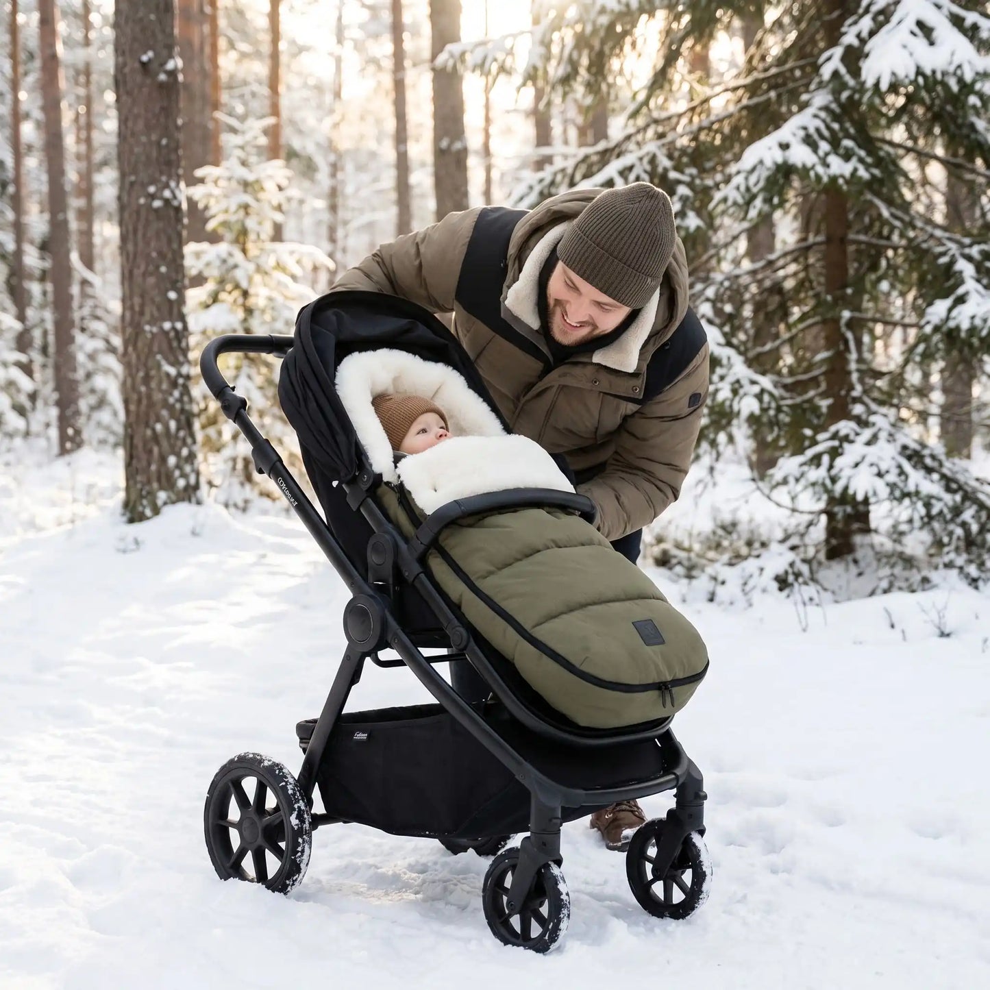 Papa avec bébé dans chancelière vert olive  dans les bois