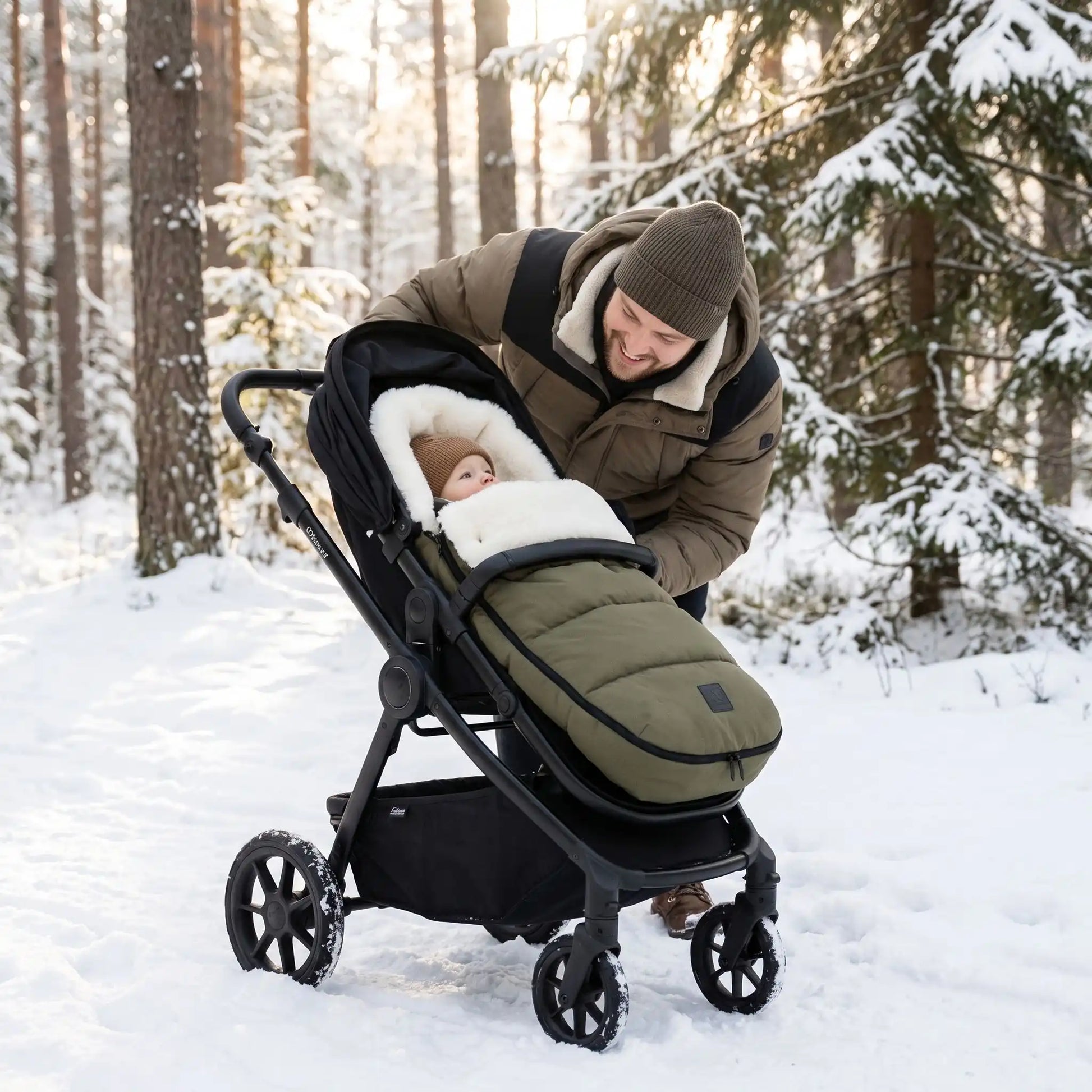 Papa avec bébé dans chancelière vert olive  dans les bois