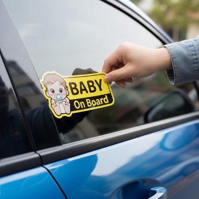 Papa colle sticker bébé à bord sur vitre arrière véhicule