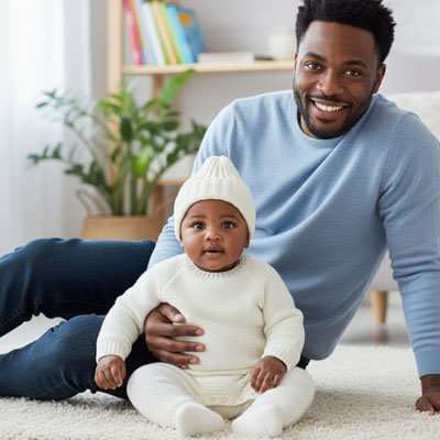 papa et bébé heureux portant bonnet bebe beige en chambre