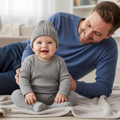 Papa et bébé heureux portant bonnet bebe gris en chambre